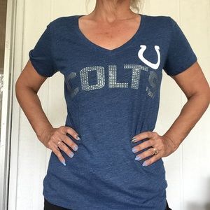 INDIANAPOLIS COLTS NFL RHINESTONE V NECK  LOGO TEE SHIRT SMALL